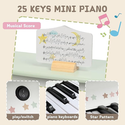Freniland Wooden Kids Piano, 25 Keys Mini Piano Keyboard for Toddlers, Premium Music Educational Instrument for Boys and Girls Age 3+ (Green)