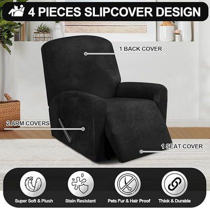 FestiCorp Recliner Chair Covers Real Velvet 4-Pieces Recliner Covers for Small Lazy Boy Recliner Chair Stretch Recliner Sofa Slipcovers Furniture Protector with Side Pocket & Elastic Bottom, Black