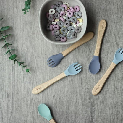 Ginbear Silicone Baby Spoon and Fork Self-feeding, Baby Flatware Sets for Boy, Toddler Feeding Utensils for Child 6 Months+ (Gray/Blue)