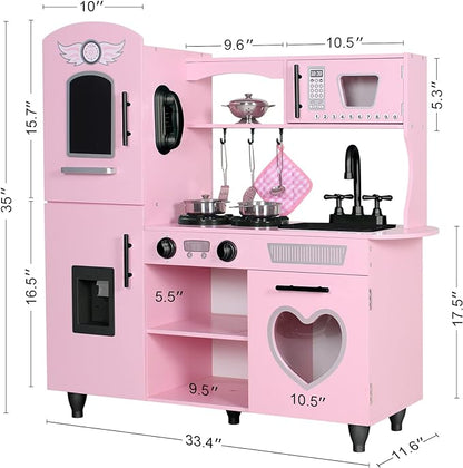 TaoHFE Play Kitchen, Pink Kids Kitchen Set for Girls Kitchen Set for Kids Ages 6-8 Gift Toddler Kitchen Set for Kids Age 3+ Kids Kitchen Playset with Lights & Sounds Wooden Toy Kitchen Playset Gift