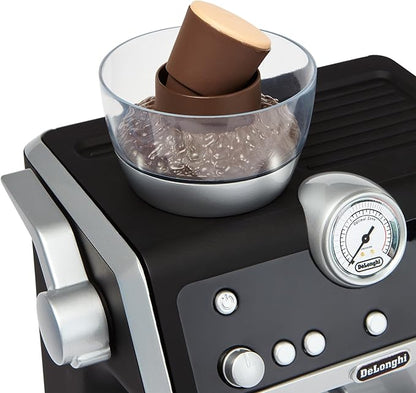 Casdon De'Longhi Toys Barista Coffee Machine. Toy Kitchen Playset for Kids with Moving Parts, Realistic Sounds and Magic Coffee Reveal. For Children Aged 3+, Silver, Black