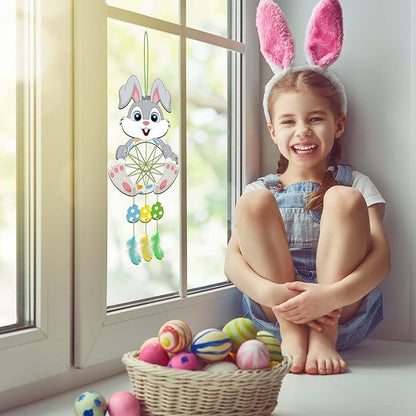 Fennoral 5 Pack Bunny Dream Catcher Craft Kit for Kids Paint You Own Easter Rabbit Dream Catcher Ornament DIY Coloring Wooden Easter Art and Craft for Art Activity Project Easter Decoration
