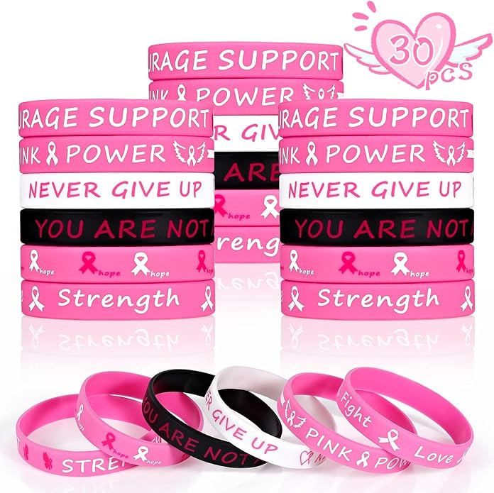 Pink Ribbon Breast Cancer Bracelets - 30 PCS Rubber Bracelet Party Favors Supplies Inspiring Silicone Wristbands with Hope Strength Breast Cancer Awareness Accessories Survivor Gifts for Women Girls