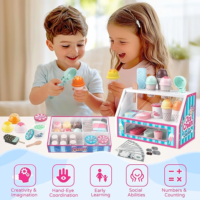 Wooden Ice Cream Toys Kids Toy Food for Toddler Girls 3+, Ice Cream Shop Playset, Pretend Play Kitchen Toys with Display Counter & Fake Money - Wooden Food Toys for 3 4 5 Year Old Girls Boys Birthday