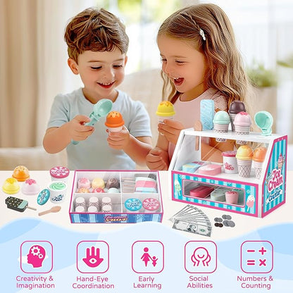 Wooden Ice Cream Toys Kids Toy Food for Toddler Girls 3+, Ice Cream Shop Playset, Pretend Play Kitchen Toys with Display Counter & Fake Money - Wooden Food Toys for 3 4 5 Year Old Girls Boys Birthday