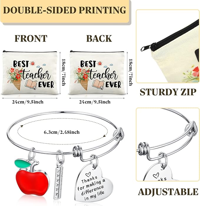 8 Pcs Teacher Appreciation Gift Set for Women, 4 Teacher Makeup Pouch Cosmetic Bags and 4 Bangle Bracelets, Christmas Valentines Thank You Gifts for Teacher (Best Teacher Ever)