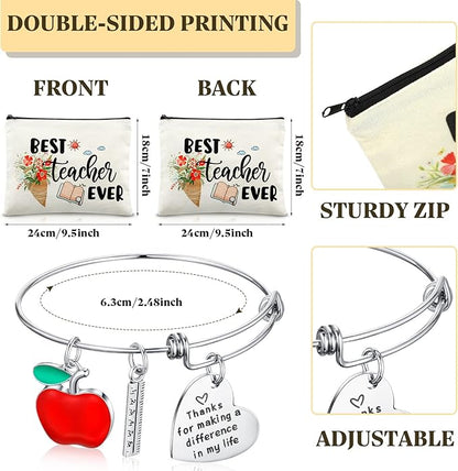 8 Pcs Teacher Appreciation Gift Set for Women, 4 Teacher Makeup Pouch Cosmetic Bags and 4 Bangle Bracelets, Christmas Valentines Thank You Gifts for Teacher (Best Teacher Ever)