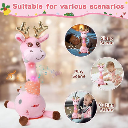 Dancing Talking Giraffe with Golden Antlers Toy, Stuffed Animal Baby Toy Repeating What You Say, Glowing Musical Electronic Giraffe with Golden Anlters Easter Gifts for Toddlers 1-3 Years Old (pink)