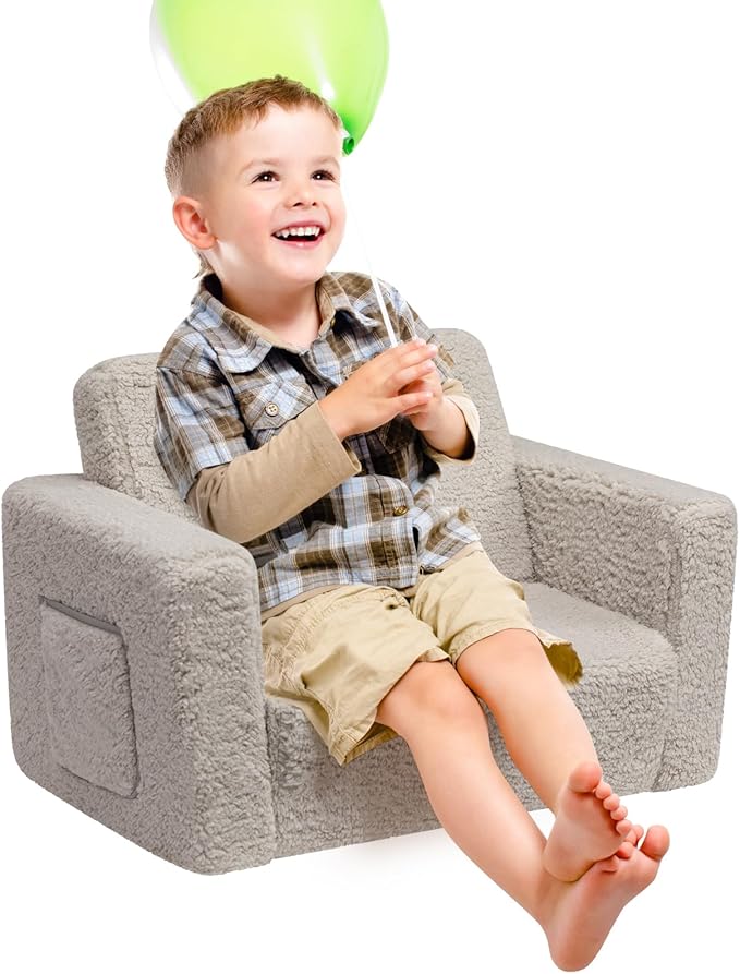 ALIMORDEN 2-in-1 Flip Out Cuddly Sherpa Toddler Couch, Convertible Sofa to Lounger, Light Grey