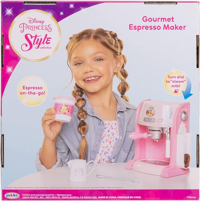 Disney Princess Style Collection Toy Espresso Machine for Kids, Coffee Maker Play Kitchen Accessories Gift for Girls & Kids