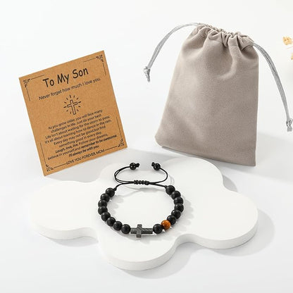 P. BLAKE First Communion Confirmation Baptism Gifts for Boys Teens, American Flag Cross Natural Beads Bracelet Christian Religious Jewelry Gifts for Teen Boys Kids