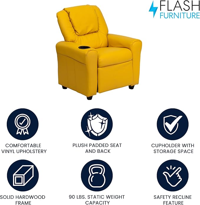 Flash Furniture Vana Vinyl Kids Recliner with Cup Holder, Headrest, and Safety Recline, Contemporary Reclining Chair for Kids, Supports up to 90 lbs., Yellow