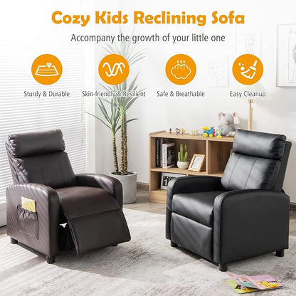 Costzon Kids Recliner, Adjustable PU Leather Lounge Chair w/Side Pockets, Footrest, Headrest for Kids Room & Play Room, Easy to Clean, Padded Recliner Sofa for Children Boys Girls Aged 3-12 (Brown)