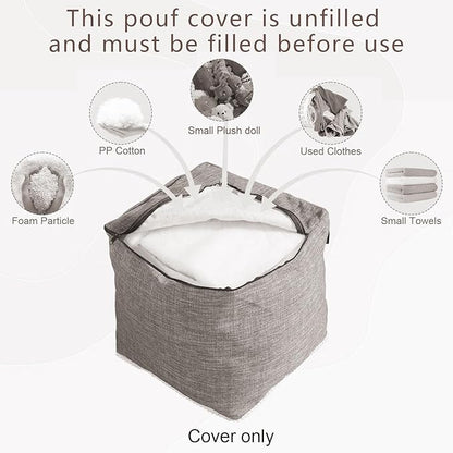 Louis Donné Unstuffed Pouf Ottoman Cover Footstool Square Poofy Ottomans for Storage Foot Rest Floor Cushion Cotton Fabric Decorative for Replacement with Pom Trim Lace 45x45(Only Cover)