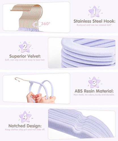 Baby Hangers, VIS'V 11 Inch Lavender Velvet Kids Hangers with 6 Pcs Size Dividers Non Slip Nursery Children Closet Clothes Hangers for Infant Toddler Girls and Boys 50 Pcs