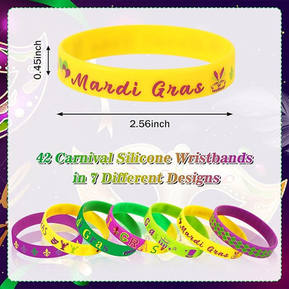 JUNEBRUSHS Mardi Gras Party Favors, 42Pcs Mardi Gras Silicone Rubber Wristbands Bracelets for Mardi Gras Carnival Birthday Party Supplies Decorations Goodie Bag Stuff Fillers
