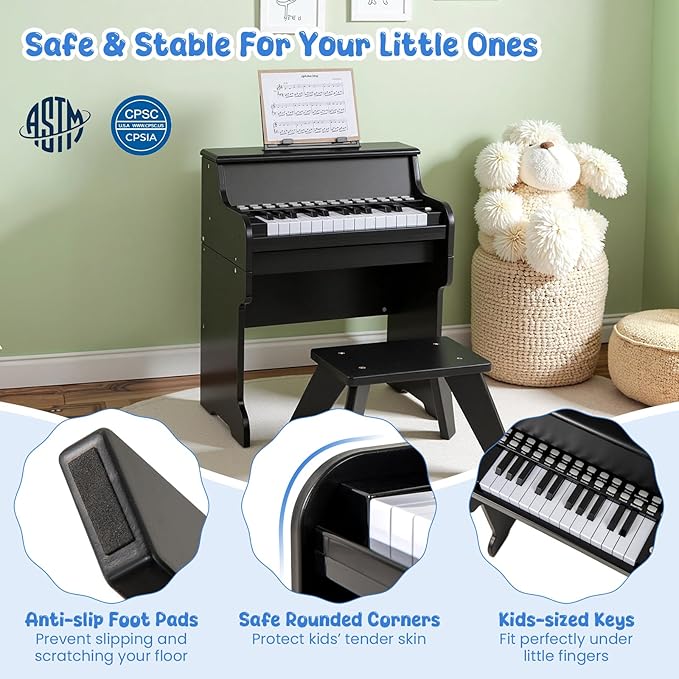 HONEY JOY Wooden Kids Piano, 25 Lighted Keys Kids Keyboard Piano w/Music Stand, Bench, Early Learning Educational Musical Instrument, Baby Music Toy for 3+ Years Old Toddlers Boys Girls (Black)