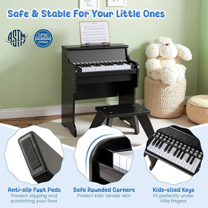 HONEY JOY Wooden Kids Piano, 25 Lighted Keys Kids Keyboard Piano w/Music Stand, Bench, Early Learning Educational Musical Instrument, Baby Music Toy for 3+ Years Old Toddlers Boys Girls (Black)