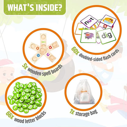 Preschool Kindergarten Learning Activities,ABC Learning for Toddlers,Wooden CVC Word Spelling Games with Flash Cards,Montessori Educational Toys Gifts for 3-7 Years Old Kids,Phonics Books for Readers