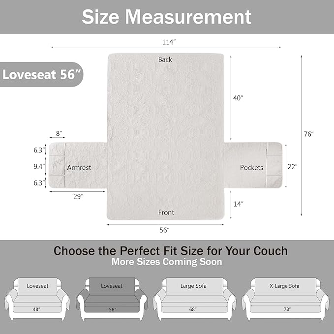 White Loveseat Couch Cover 2 Cushion Sofa, Water-Repellent Sofa Slipcover for Loveseat, Machine Washable Love Seat Quilted Couch Covers, Pet Friendly Loveseat Slipcovers (Loveseat 56", White)