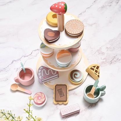 19pcs Wooden Tea Set for Little Girls, Toddler Tea Set Wooden Toys Play Kitchen Accessories with Cupcake Stand & Fake Dessert, Kids Tea Party Set Pretend Play Food Birthday Gift Playset