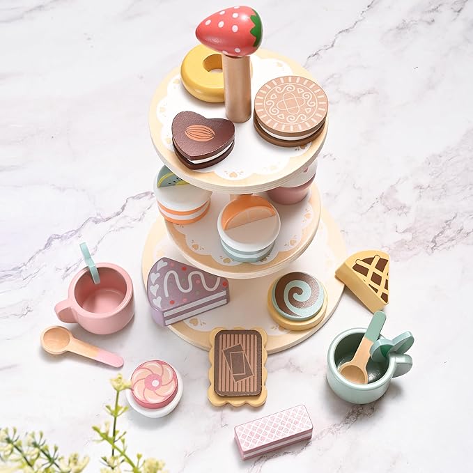19pcs Wooden Tea Set for Little Girls, Toddler Tea Set Wooden Toys Play Kitchen Accessories with Cupcake Stand & Fake Dessert, Kids Tea Party Set Pretend Play Food Birthday Gift Playset