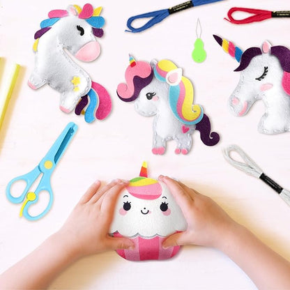 16 Sets Unicorn DIY Stuffed Craft Kit Valentine's Day Sewing Kit Animals Stars DIY Sewing Set for Beginners Cake Educational Gift Set for Boys and Girls Unicorn Felt Ornaments Decorations for kids