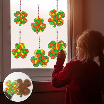 Qyeahkj 32 Sets St. Patrick's Day Suncatcher Crafts Kit for Kids DIY Shamrock Window Paint Suncatcher Arts Crafts Window Ornament Decor for St. Patrick's Day Gift Classroom Art Project Gift Favor