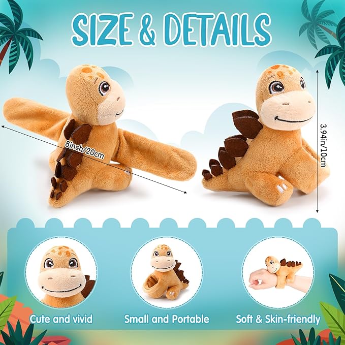 Liliful 8 Pack Kids Valentine's Day Gifts Stuffed Animal Cat Slap Bracelets, Valentines 8 Inch Plush Wrist Cute Snap Bracelets Birthday for Boys Girls Child Bulk Items Party Favors(Dinosaur)