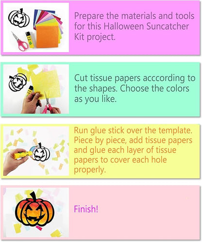 VHALE Suncatchers Craft 3 Sets (9 Cutouts) w Tissue Papers Stained Glass Effect Paper Sun Catcher Kit, Window Art, Classroom Crafts, Creative Art Projects, Kids Party Favors (Halloween)