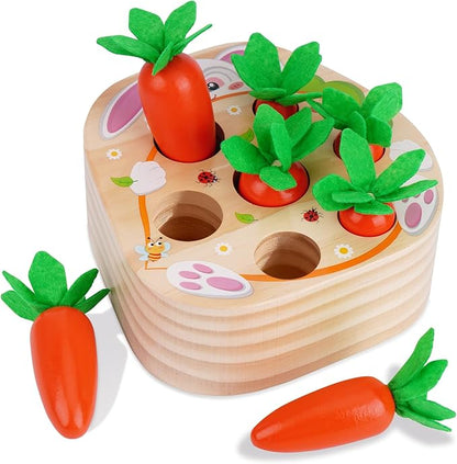 KMTJT Montessori Wooden Carrot Harvest Toy - Shape Sorting & Matching Game for Toddlers 1-3 Years, Fine Motor Skills Development, Educational Easter Birthday Gifts for Baby Boys & Girls (Red)