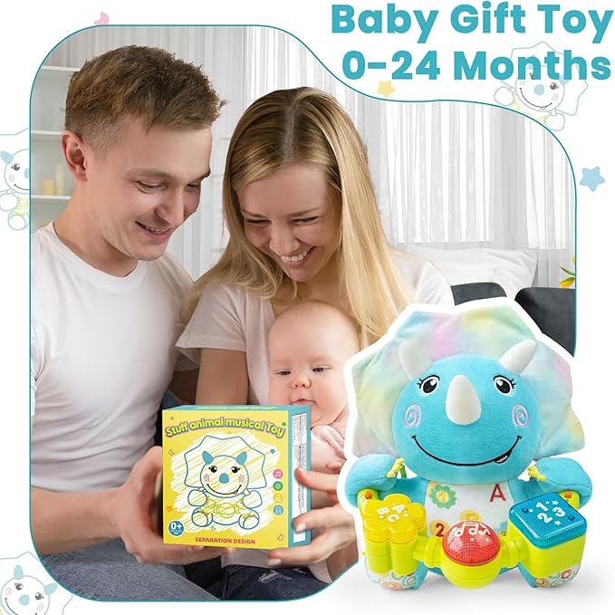 Holaxander Baby Dino Musical Stuffed Animals Toy with Light-Up Music & Crinkle Sound Paper,Infant Bilingual Early Learning Education Toys,Tummy Time Toys for 0-3-6-12+ Months Boy Girl