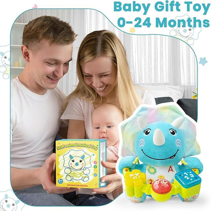 Holaxander Baby Dino Musical Stuffed Animals Toy with Light-Up Music & Crinkle Sound Paper,Infant Bilingual Early Learning Education Toys,Tummy Time Toys for 0-3-6-12+ Months Boy Girl