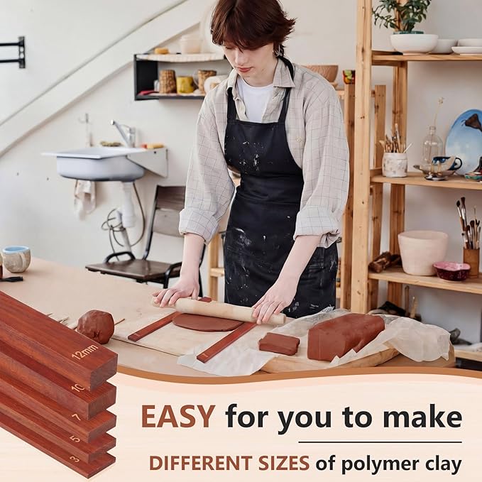 Sasylvia 10 Pcs Pottery Rolling Pin Guides Wood Teaching Rolling Mud Stick Guide Set Polymer Clay Depth Guide Pottery Tools Clay Mudboard Tools (5 Size,Reddish Brown)