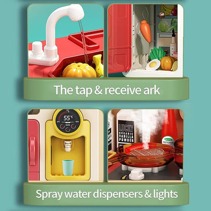 Deejoy 89 PCS Kitchen Playset, Kids Kitchen Toys with Realistic Lights and Sounds, Pretend Steam and Water Tank Functions, Kitchen Color Changing Play Food Accessories for Boys and Girls (Green)