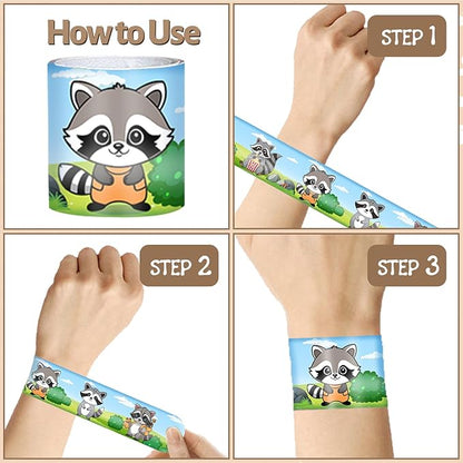 48 PCS Raccoon Slap Bracelets Party Favors, Raccoon Wristbands Bracelets Goodie Bag Fillers for Woodland Raccoon Birthday Party Decorations Supplies Gifts for Kids Boys Girls