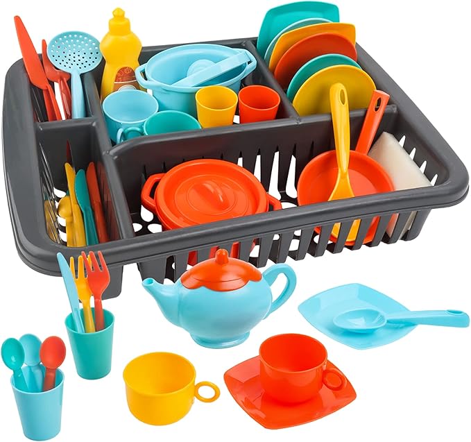 deAO 41PCS Kids Play Dishes Durable Pretend Play Kitchen Set for Kids Children Tableware Dishes Playset with Drainer - Play Kitchen Accessories for Girls Boys Kids