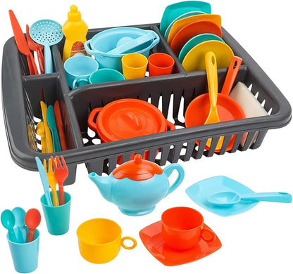 deAO 41PCS Kids Play Dishes Durable Pretend Play Kitchen Set for Kids Children Tableware Dishes Playset with Drainer - Play Kitchen Accessories for Girls Boys Kids