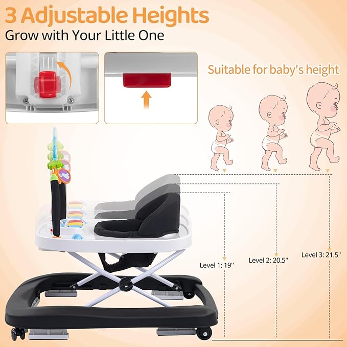 Baby Walker, Music & Removable Footrest with Toys, 3-Height Adjustable, Foldable 4-in-1 Activity Center for Infant and Toddler, Baby Walker for Baby Boy Girls 7–18 Months
