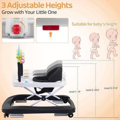 Baby Walker, Music & Removable Footrest with Toys, 3-Height Adjustable, Foldable 4-in-1 Activity Center for Infant and Toddler, Baby Walker for Baby Boy Girls 7–18 Months