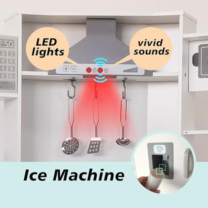 TaoHFE Corner Play Kitchen with Lights and Sounds White Kitchen Kids Toddler Kitchen Set with Washer Chalkboard Wooden Kitchen Kids Playset with Washing Machine Range Hood Girls Boys Gift for Ages 3+