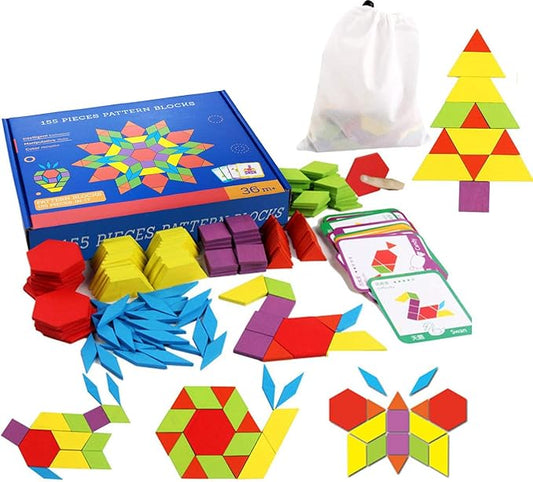 Set of 155 Wooden Pattern Blocks Geometric Manipulative Shape Puzzle Kindergarten Graphical Classic Educational Montessori Tangram Toys for Kids Ages 3+ Jigsaw Puzzles Gift with 24 Pcs Design Cards