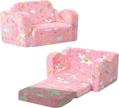 MeMoreCool Folding Toddler Chair, Glow-in-The-Dark Soft Plush Kids Fold-Out Couch Sofa, Comfy Baby Recliner for Girls and Boys (Glowing Unicorn, Pink)