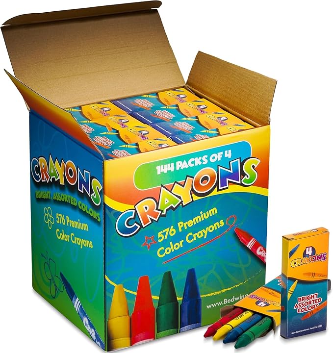 Bedwina Bulk Crayons - 576 Crayons - Case of 144 4-Packs, Premium Color Crayons Bulk School Supplies for Kids and Toddlers Bulk Non-Toxic for Party Favors, Restaurants, Goody Bags Stocking Stuffers