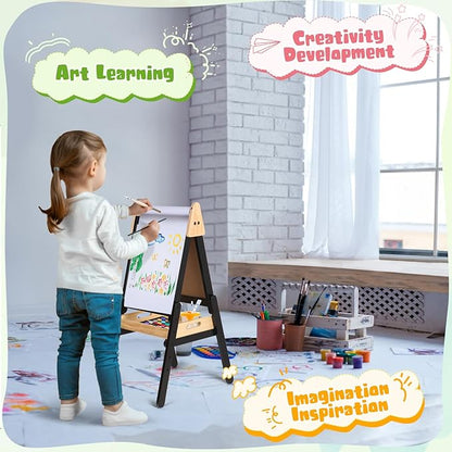 3 in 1 Easel for Kids with Wood Tray Double Sided Kids Easel with Paper Roll,Magnetic Chalkboard & White Board Height Adjustable Painting Standing Easel for Toddlers Childrens 2+ (Black)