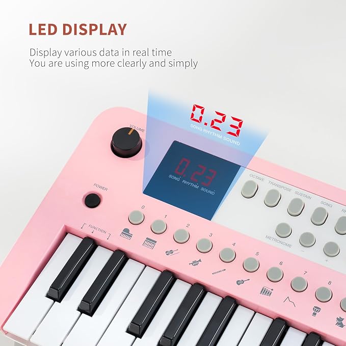 POGOLAB MK1 37 Keys Kids Keyboard Piano, Mini Portable Multi-Function Piano with Excellent Sound Quality, Built-In Speaker & LED Display, Small Electric Music Keyboard Gift for Beginners (Pink)