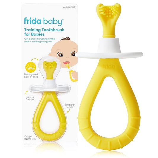 Frida Baby Training Toothbrush for Babies with Soft Silicone Bristles, Valentines Day Gifts for Kids, Yellow