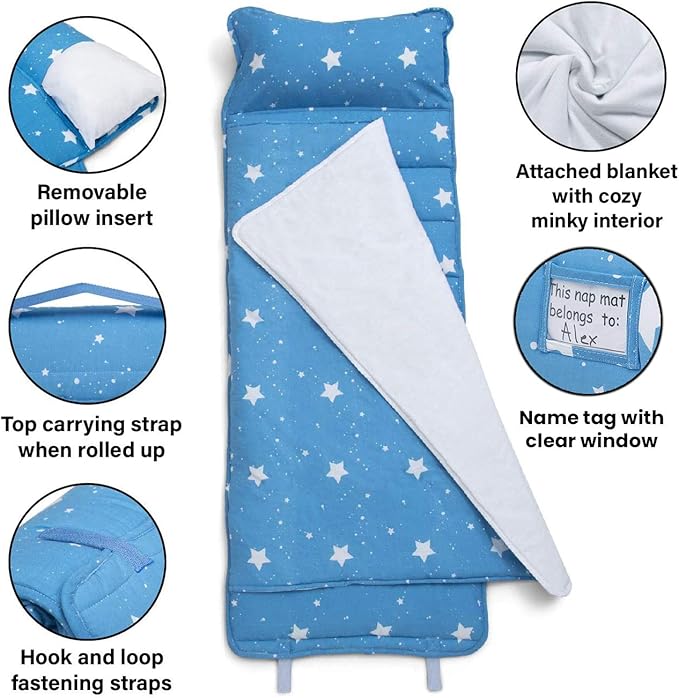 Delta Children Nap Mat - Includes Pillow & Blanket for Toddlers and Kids; Features Carry Handle w/Strap Closure and Name Tag; Rollup Design is Ideal for Preschool and Daycare; Personalization Optional