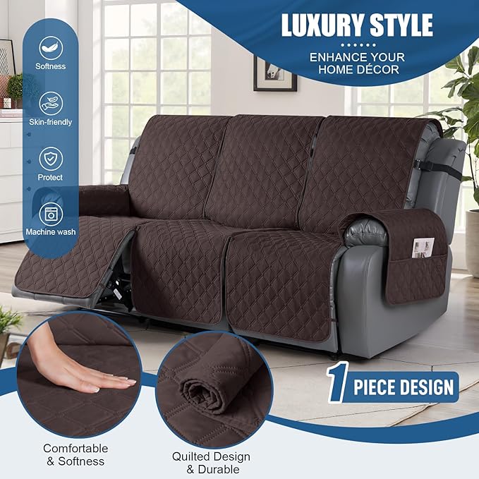 TAOCOCO 100% Waterproof Recliner Covers, Recliner Sofa Covers with Leg Straps, Reversible Recliner Couch Cover for Reclining Chair, Washable Couch Protector for Pets Kids(3 Seater, Chocolate)