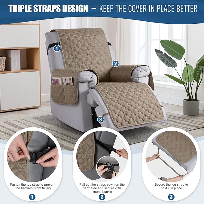 TAOCOCO 100% Waterproof Recliner Covers, Recliner Sofa Covers with Leg Straps, Reversible Recliner Couch Cover for Reclining Chair, Washable Couch Protector for Pets Kids(1 Seater 22", Khaki)